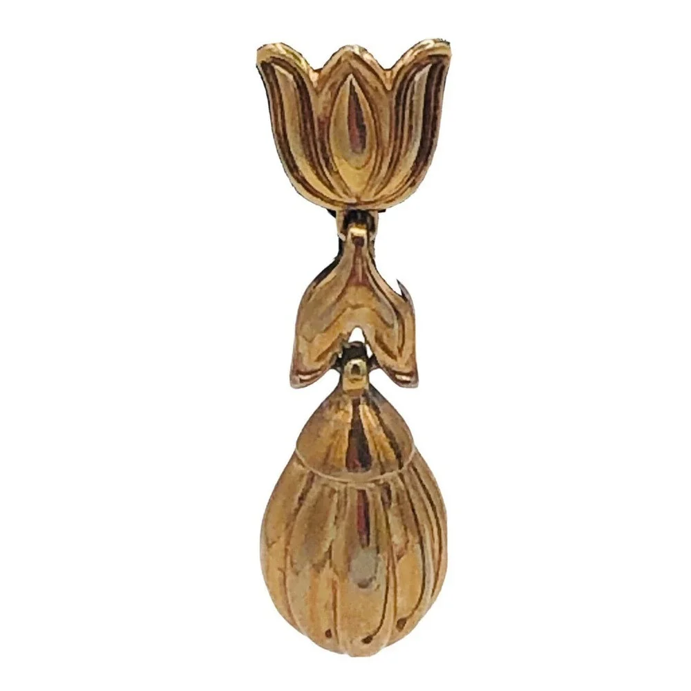 CROWN TRIFARI Signed Gold Tone TULIP FLOWER Dangle CLIP EARRINGS Vintage